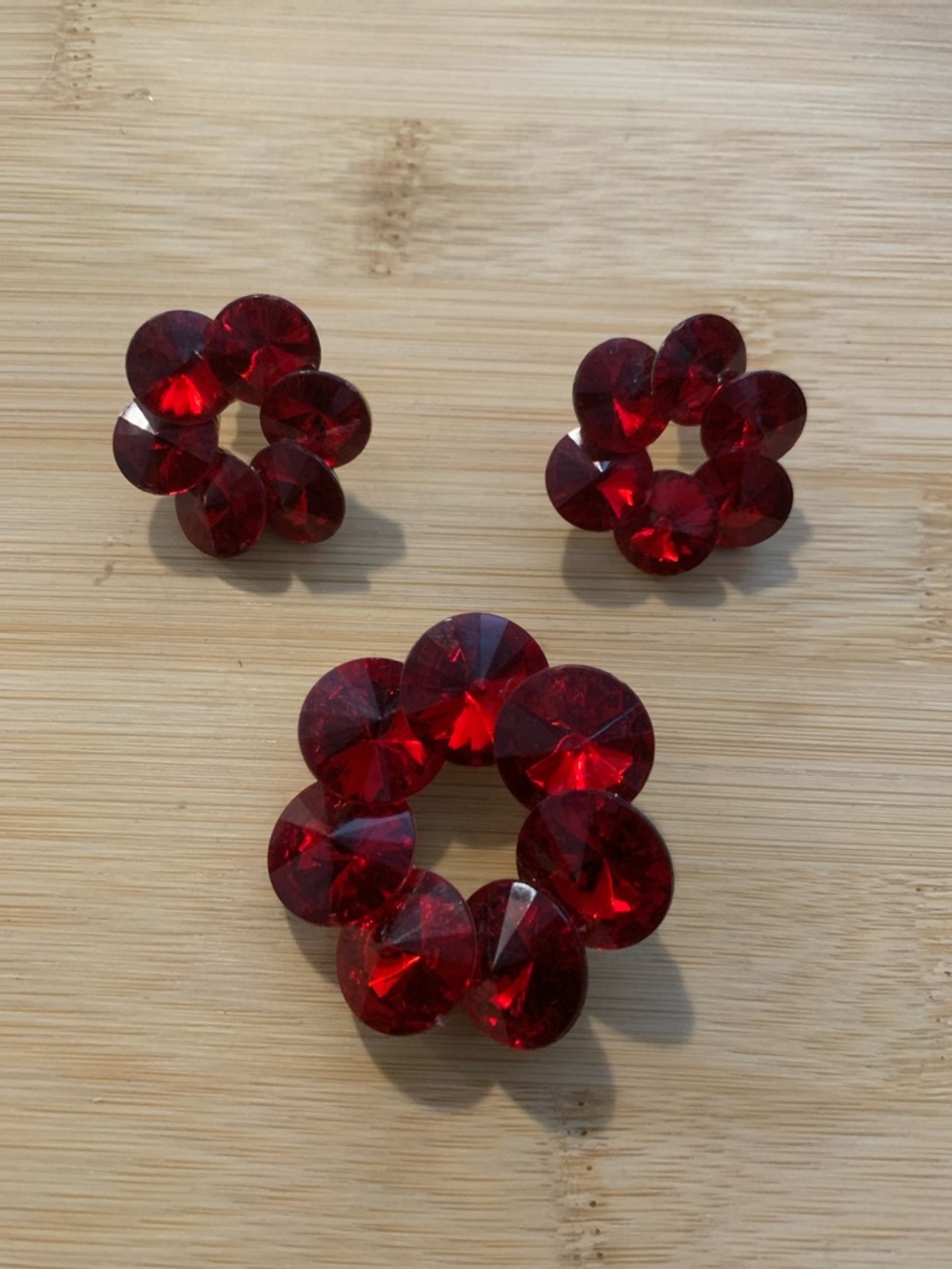 Vintage Red Rivoli Crystal Flower Brooch and Earring Set
